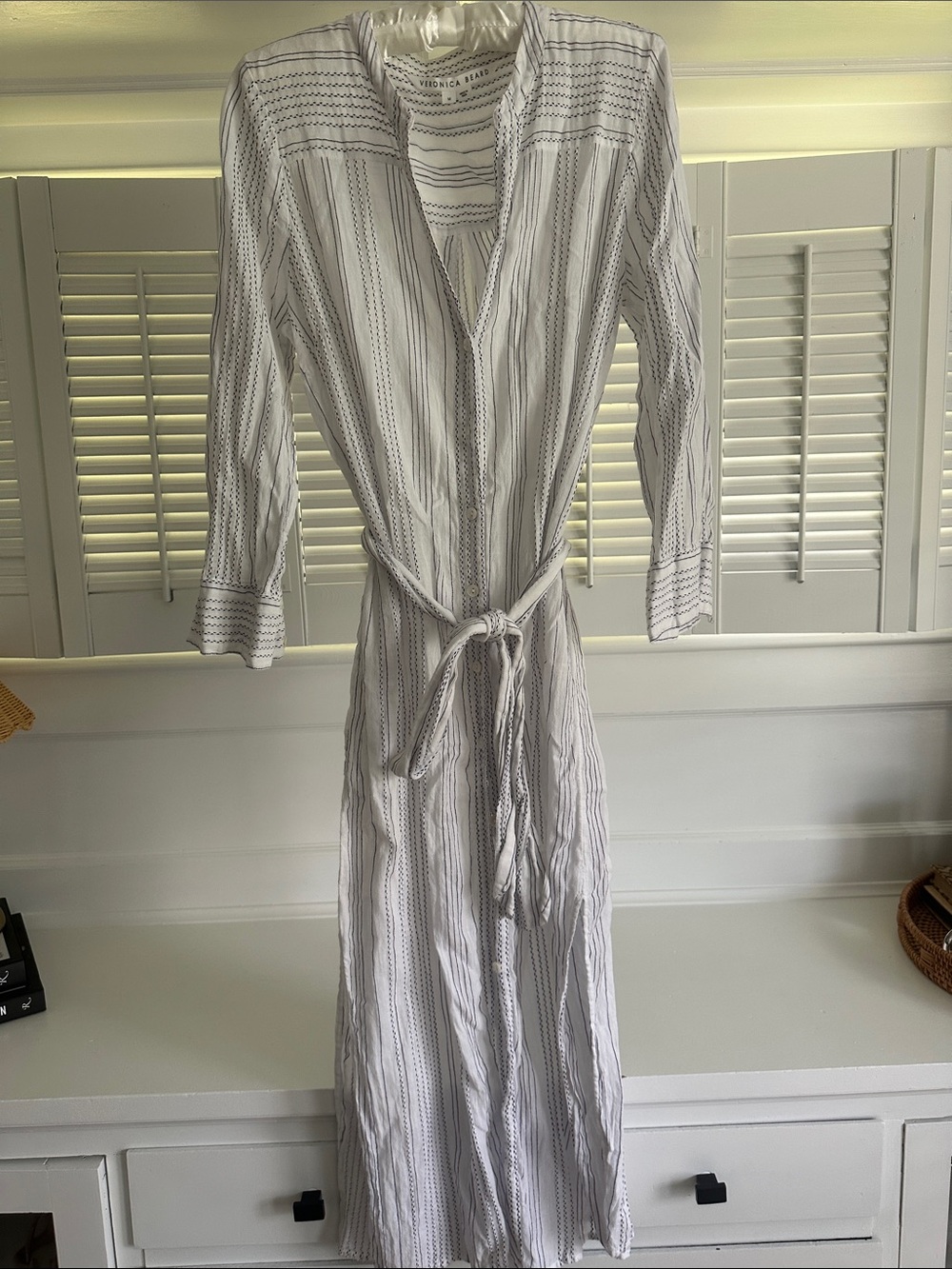 Veronica Beard Striped White & Blue Long Tie-Waist Cover up  Dress